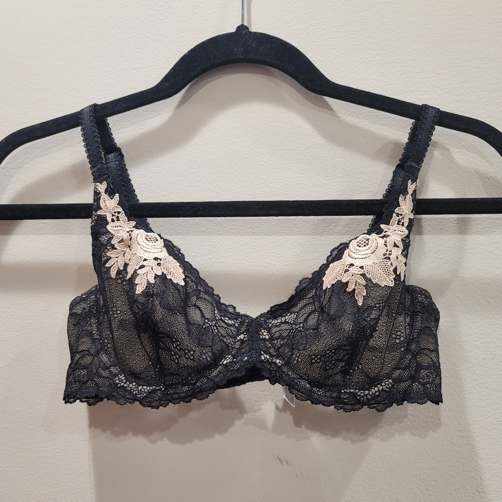 34B Wacoal High Drama Demi BraBlack Ivory Lace Underwire Contrast Trim